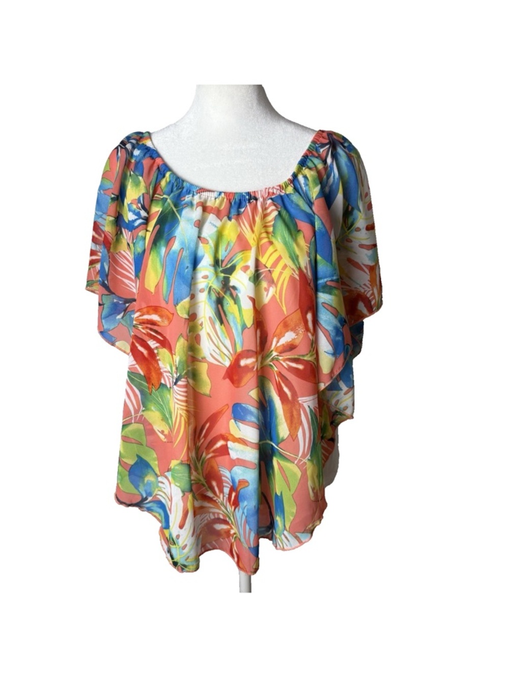 Cha Cha Vente Blouse Size Large Top Short Sleeves Colorful Tropical Floral